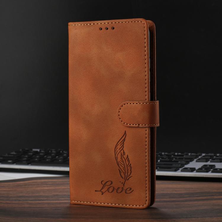 For iPhone 14 Plus Skin Feel Embossed Feather Leather Phone Case