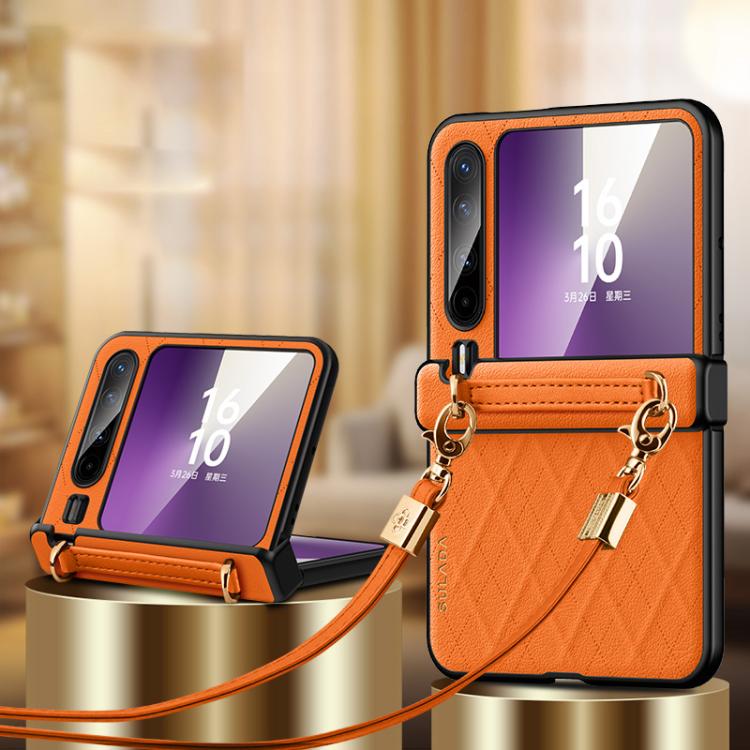 For Huawei Pura X SULADA Elegant Rhombic Texture Folding Phone Case with Lanyard - Orange