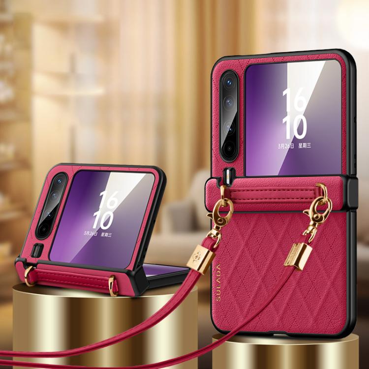 For Huawei Pura X SULADA Elegant Rhombic Texture Folding Phone Case with Lanyard
