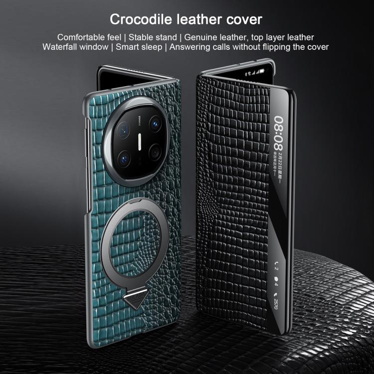 For Huawei Mate X6 SULADA Crocodile Texture Cowhide MagSafe Holder Smart Window Phone Case