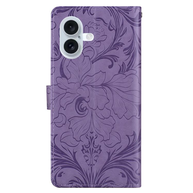 For iPhone 16 Plus Embossed Floral Pattern Leather Phone Case