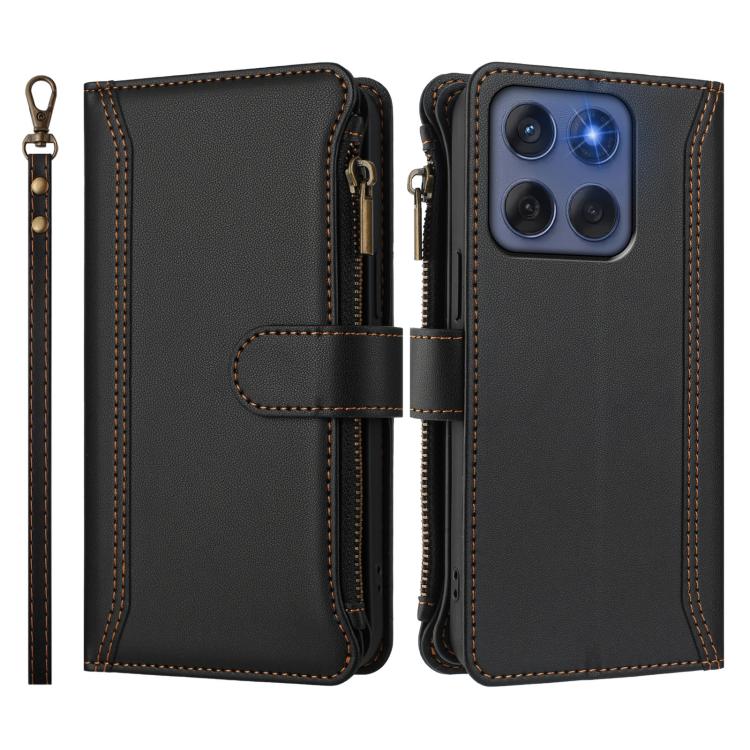 For Motorola Edge 60 Fusion Global Magnetic Closure 9 Card Slots Zipper Leather Case with Hand Strap
