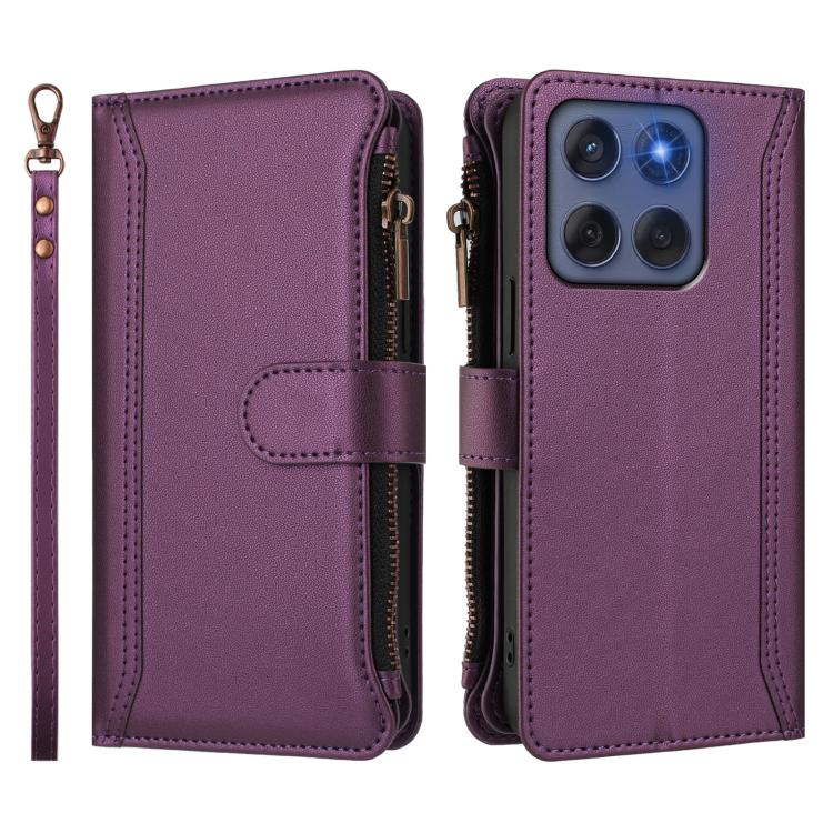 For Motorola Edge 60 Fusion Global Magnetic Closure 9 Card Slots Zipper Leather Case with Hand Strap