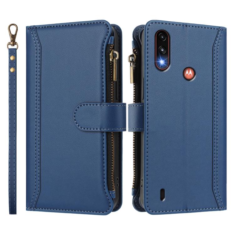 For Motorola Moto E7 Power Magnetic Closure 9 Card Slots Zipper Leather Case with Hand Strap