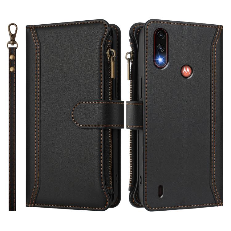 For Motorola Moto E7 Power Magnetic Closure 9 Card Slots Zipper Leather Case with Hand Strap