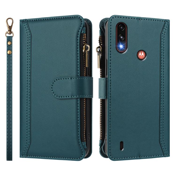 For Motorola Moto E7 Power Magnetic Closure 9 Card Slots Zipper Leather Case with Hand Strap