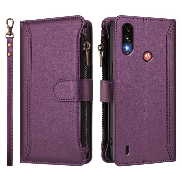 For Motorola Moto E7 Power Magnetic Closure 9 Card Slots Zipper Leather Case with Hand Strap