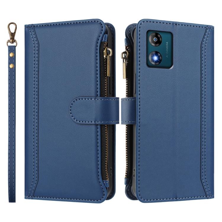 For Motorola Moto E13 2023 4G Magnetic Closure 9 Card Slots Zipper Leather Case with Hand Strap