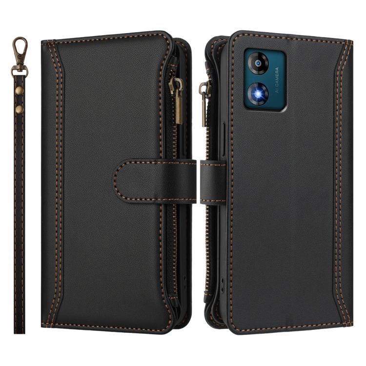 For Motorola Moto E13 2023 4G Magnetic Closure 9 Card Slots Zipper Leather Case with Hand Strap