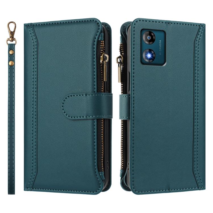 For Motorola Moto E13 2023 4G Magnetic Closure 9 Card Slots Zipper Leather Case with Hand Strap