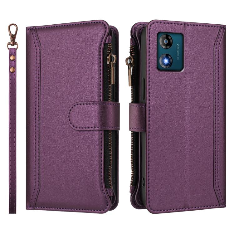 For Motorola Moto E13 2023 4G Magnetic Closure 9 Card Slots Zipper Leather Case with Hand Strap