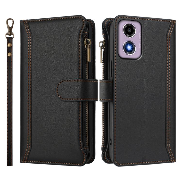 For Motorola Moto E14 4G / G04 4G Magnetic Closure 9 Card Slots Zipper Leather Case with Hand Strap