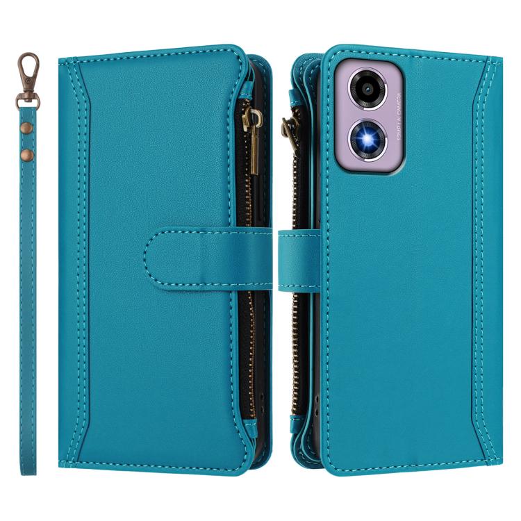 For Motorola Moto E14 4G / G04 4G Magnetic Closure 9 Card Slots Zipper Leather Case with Hand Strap