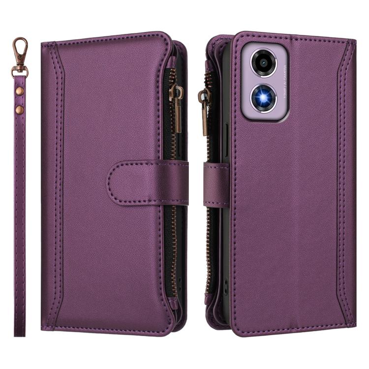 For Motorola Moto E14 4G / G04 4G Magnetic Closure 9 Card Slots Zipper Leather Case with Hand Strap