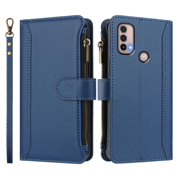 For Motorola Moto E20 / E30 / E40 Magnetic Closure 9 Card Slots Zipper Leather Case with Hand Strap