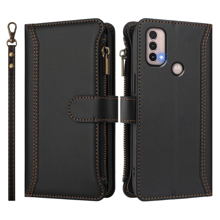 For Motorola Moto E20 / E30 / E40 Magnetic Closure 9 Card Slots Zipper Leather Case with Hand Strap