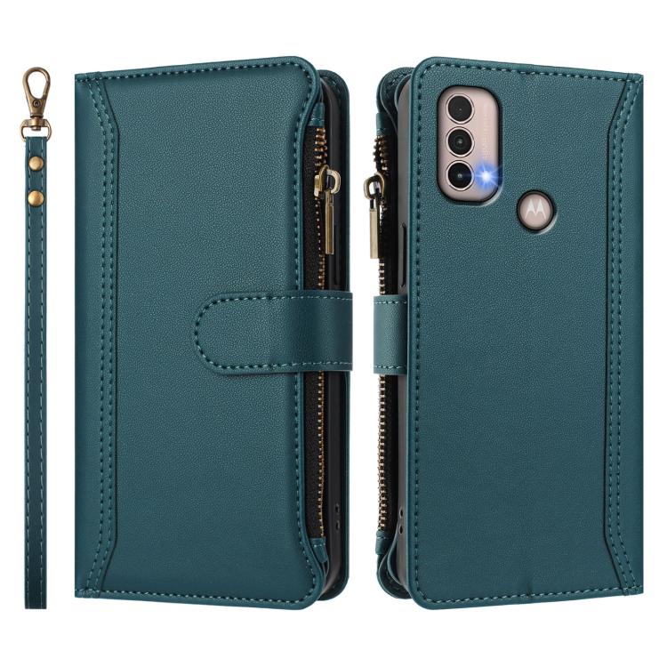 For Motorola Moto E20 / E30 / E40 Magnetic Closure 9 Card Slots Zipper Leather Case with Hand Strap