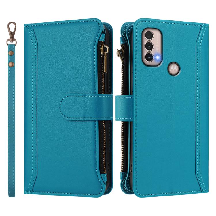 For Motorola Moto E20 / E30 / E40 Magnetic Closure 9 Card Slots Zipper Leather Case with Hand Strap