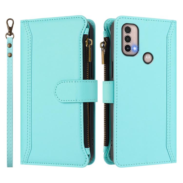For Motorola Moto E20 / E30 / E40 Magnetic Closure 9 Card Slots Zipper Leather Case with Hand Strap