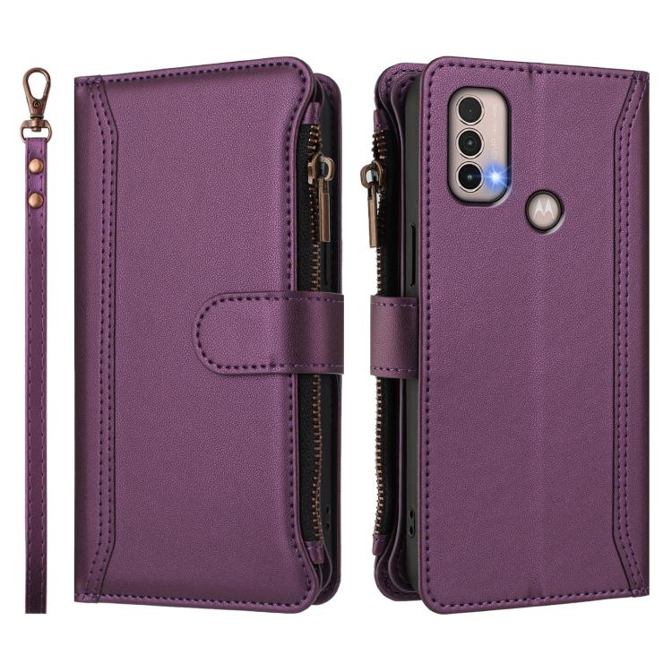 For Motorola Moto E20 / E30 / E40 Magnetic Closure 9 Card Slots Zipper Leather Case with Hand Strap