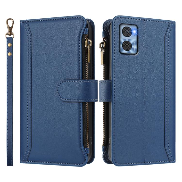 For Motorola Moto E22 4G / E22i 4G Magnetic Closure 9 Card Slots Zipper Leather Case with Hand Strap