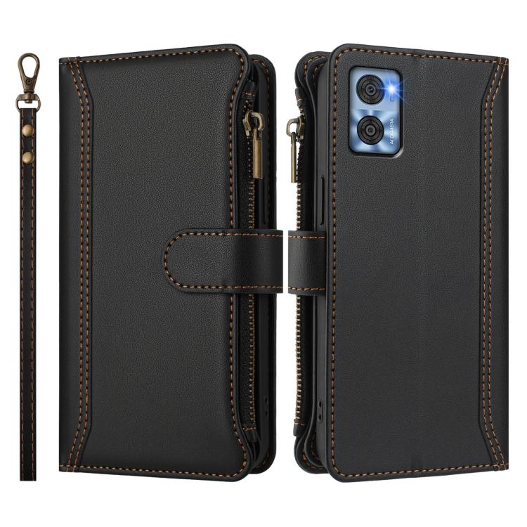 For Motorola Moto E22 4G / E22i 4G Magnetic Closure 9 Card Slots Zipper Leather Case with Hand Strap