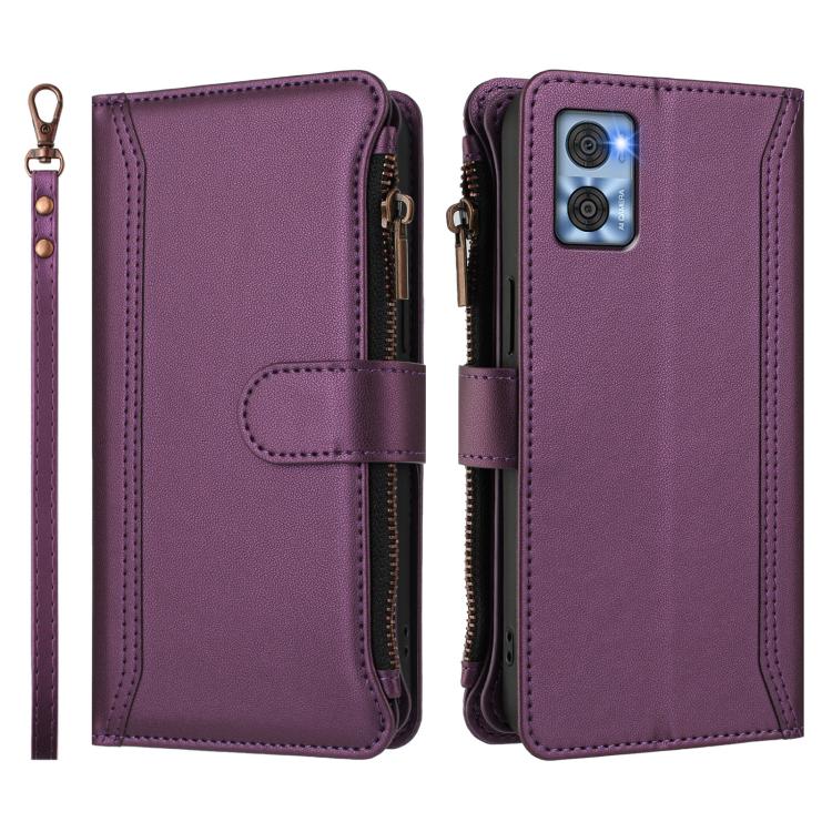 For Motorola Moto E22 4G / E22i 4G Magnetic Closure 9 Card Slots Zipper Leather Case with Hand Strap