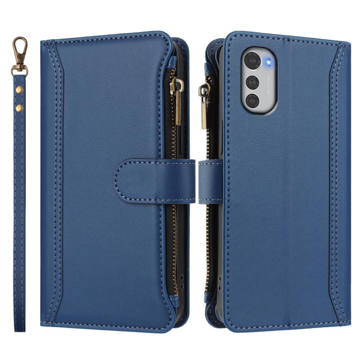 For Motorola E32 4G Global Magnetic Closure 9 Card Slots Zipper Leather Case with Hand Strap