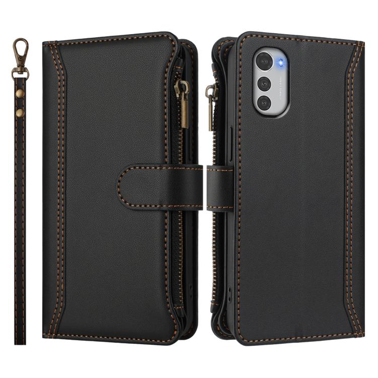 For Motorola E32 4G Global Magnetic Closure 9 Card Slots Zipper Leather Case with Hand Strap