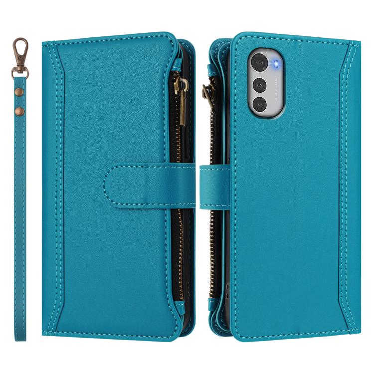 For Motorola E32 4G Global Magnetic Closure 9 Card Slots Zipper Leather Case with Hand Strap