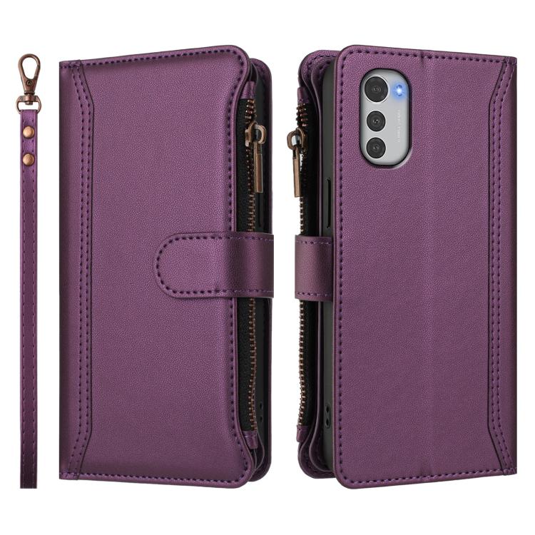 For Motorola E32 4G Global Magnetic Closure 9 Card Slots Zipper Leather Case with Hand Strap