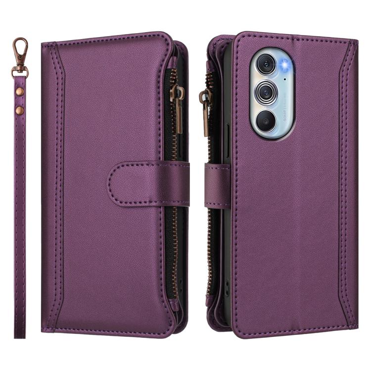 For Motorola Edge X30 / Edge 30 Pro Magnetic Closure 9 Card Slots Zipper Leather Case with Hand Strap
