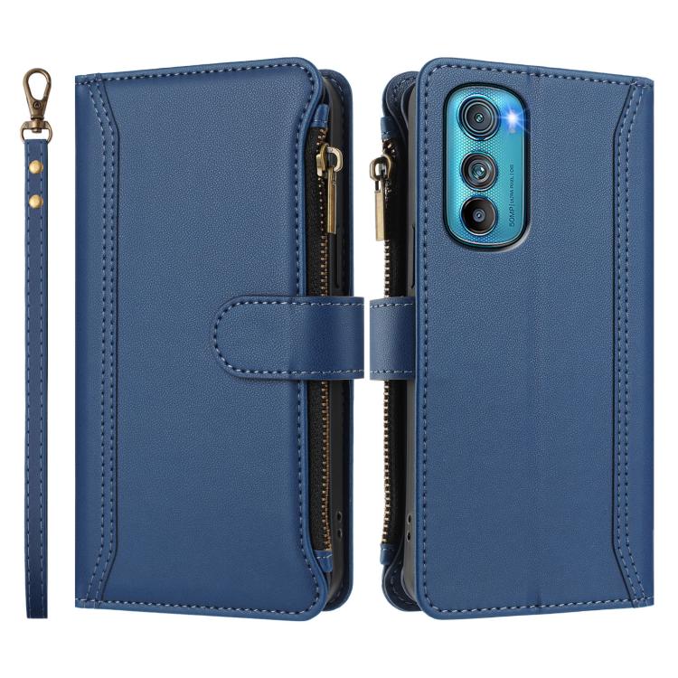 For Motorola Edge 30 Magnetic Closure 9 Card Slots Zipper Leather Case with Hand Strap