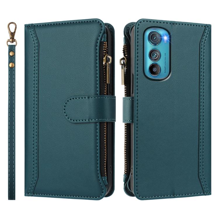 For Motorola Edge 30 Magnetic Closure 9 Card Slots Zipper Leather Case with Hand Strap