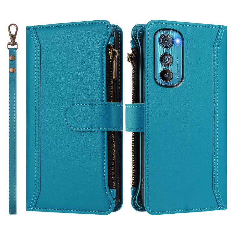 For Motorola Edge 30 Magnetic Closure 9 Card Slots Zipper Leather Case with Hand Strap