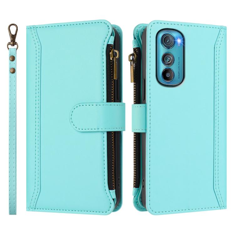 For Motorola Edge 30 Magnetic Closure 9 Card Slots Zipper Leather Case with Hand Strap
