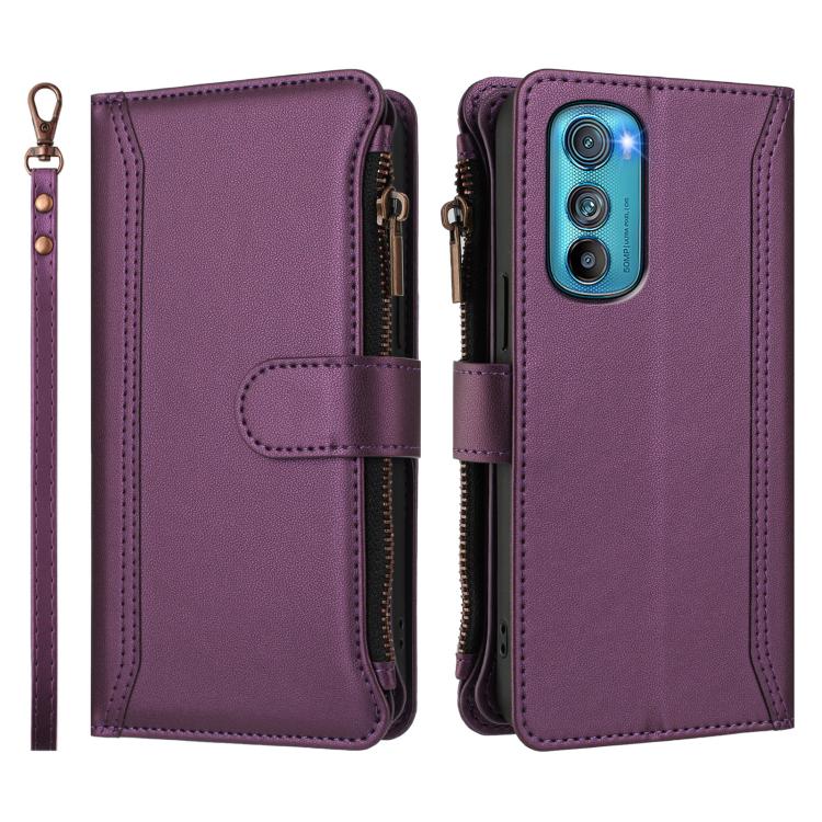 For Motorola Edge 30 Magnetic Closure 9 Card Slots Zipper Leather Case with Hand Strap