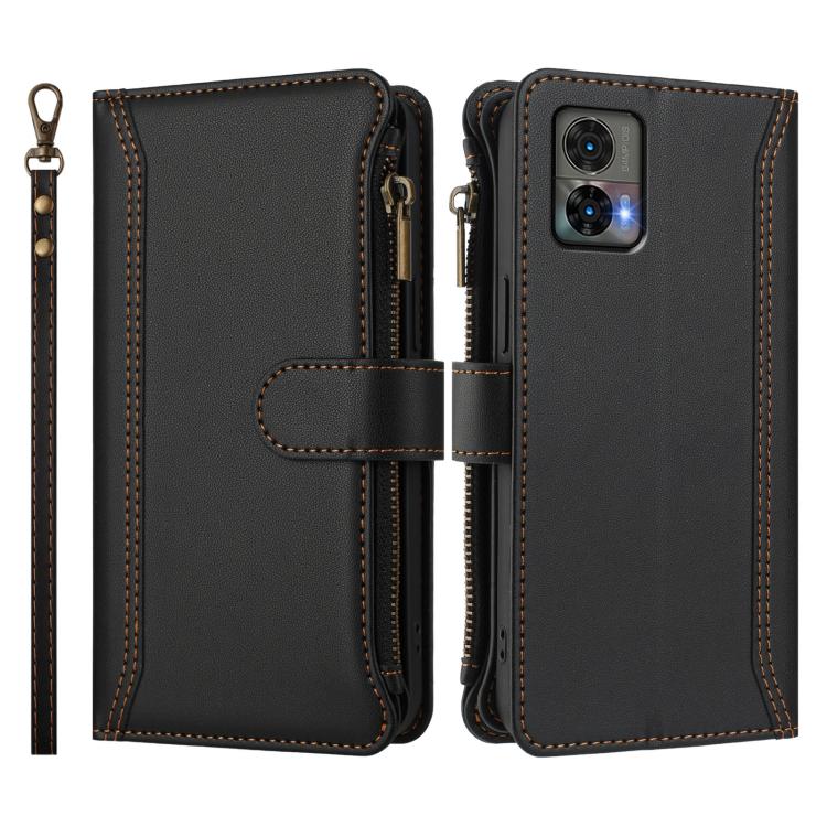 For Motorola Edge 30 Neo Magnetic Closure 9 Card Slots Zipper Leather Case with Hand Strap