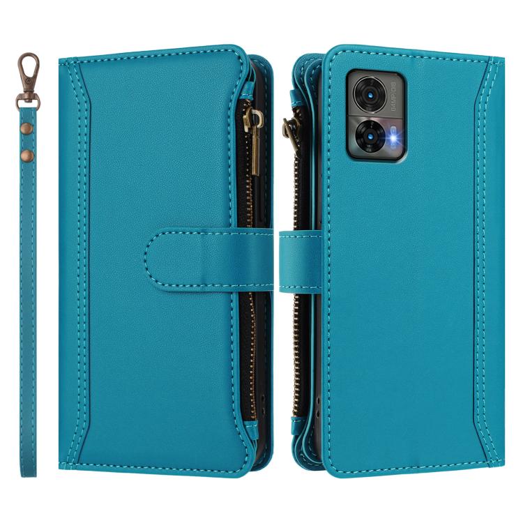 For Motorola Edge 30 Neo Magnetic Closure 9 Card Slots Zipper Leather Case with Hand Strap