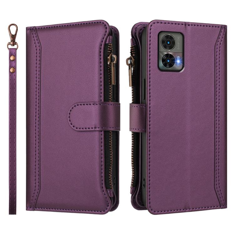 For Motorola Edge 30 Neo Magnetic Closure 9 Card Slots Zipper Leather Case with Hand Strap