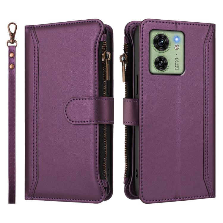 For Motorola Edge 40 5G Global Magnetic Closure 9 Card Slots Zipper Leather Case with Hand Strap