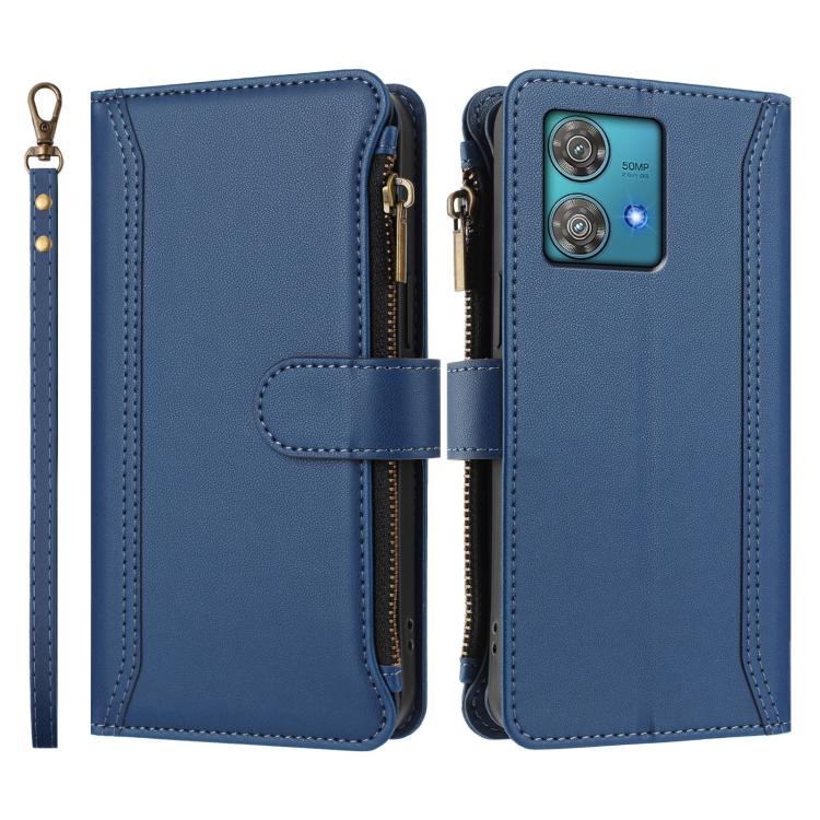 For Motorola Edge 40 Neo 5G Magnetic Closure 9 Card Slots Zipper Leather Case with Hand Strap