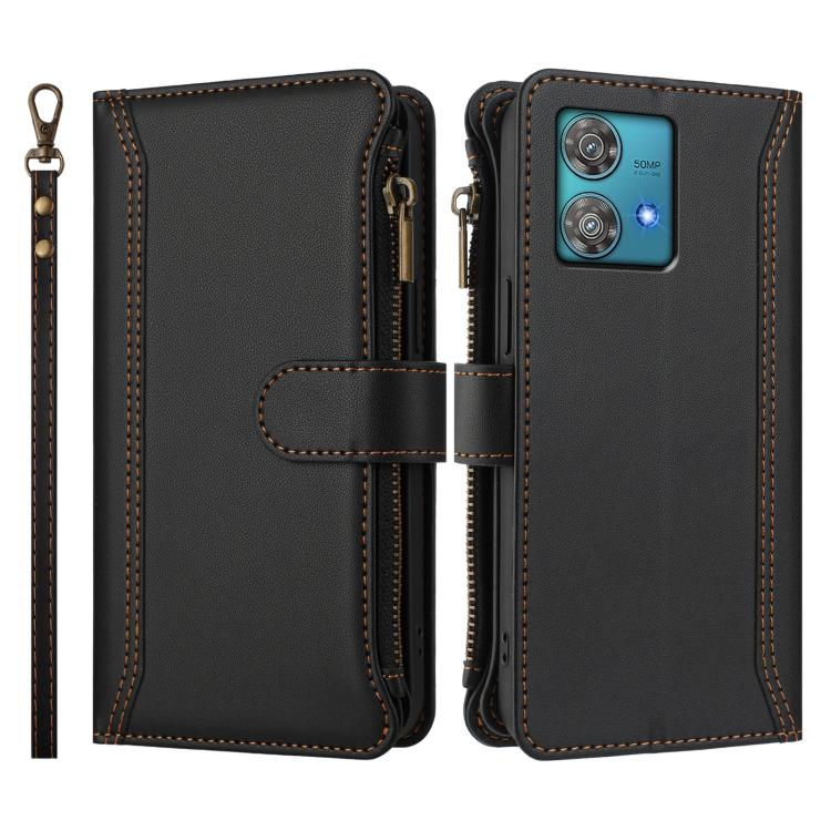 For Motorola Edge 40 Neo 5G Magnetic Closure 9 Card Slots Zipper Leather Case with Hand Strap