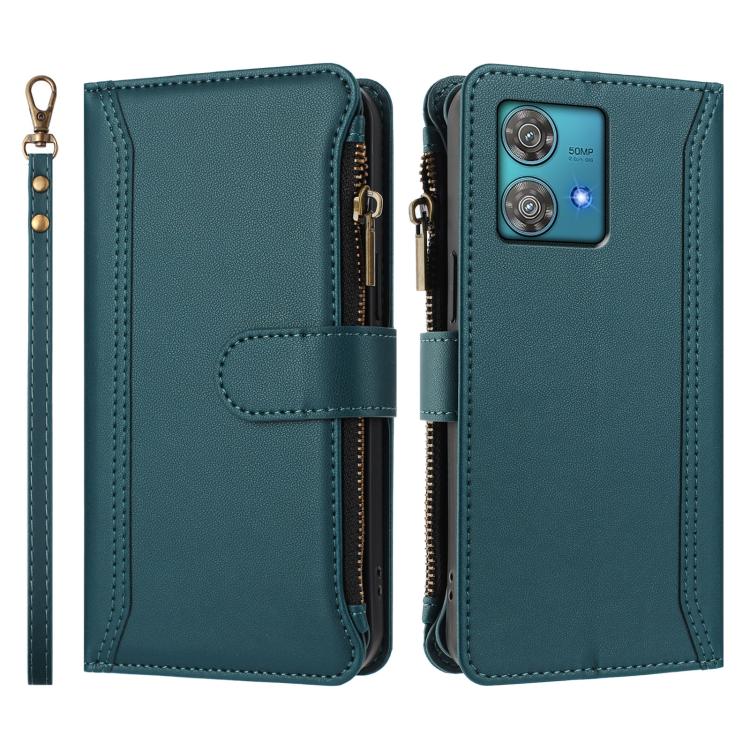 For Motorola Edge 40 Neo 5G Magnetic Closure 9 Card Slots Zipper Leather Case with Hand Strap