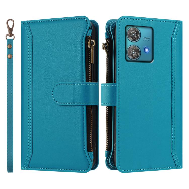 For Motorola Edge 40 Neo 5G Magnetic Closure 9 Card Slots Zipper Leather Case with Hand Strap