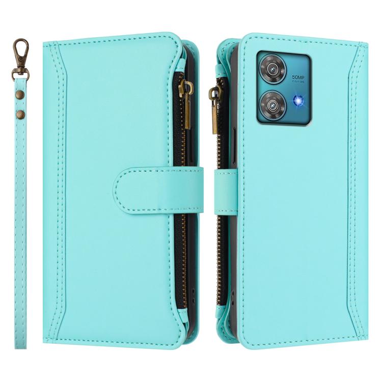 For Motorola Edge 40 Neo 5G Magnetic Closure 9 Card Slots Zipper Leather Case with Hand Strap