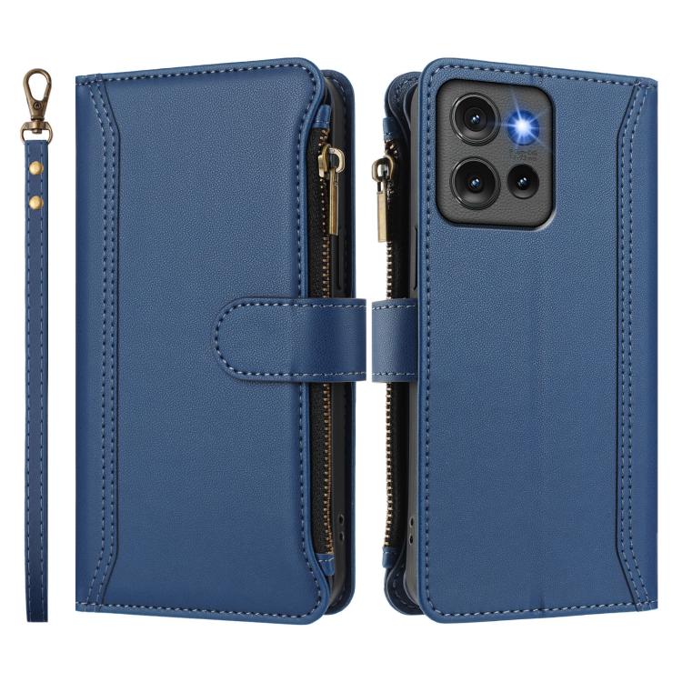 For Motorola Edge 50 5G Global Magnetic Closure 9 Card Slots Zipper Leather Case with Hand Strap