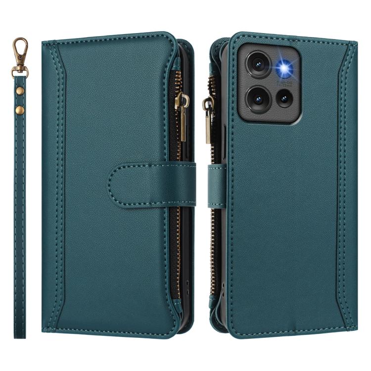 For Motorola Edge 50 5G Global Magnetic Closure 9 Card Slots Zipper Leather Case with Hand Strap
