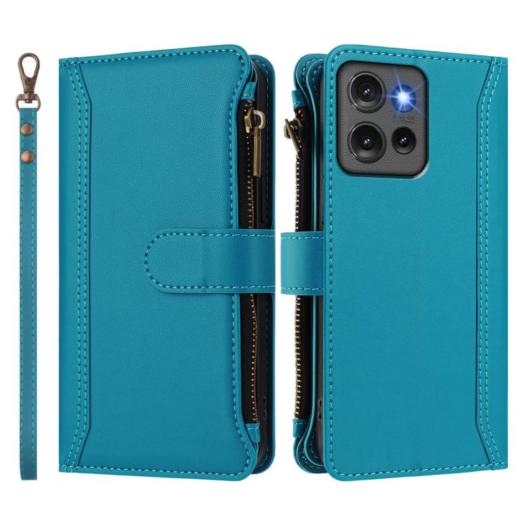 For Motorola Edge 50 5G Global Magnetic Closure 9 Card Slots Zipper Leather Case with Hand Strap