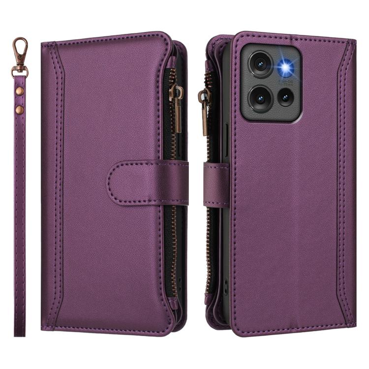 For Motorola Edge 50 5G Global Magnetic Closure 9 Card Slots Zipper Leather Case with Hand Strap